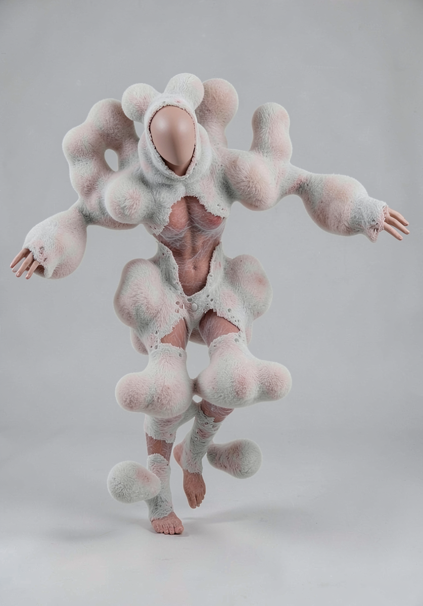 Grown Mycelium Lobes on a Bacterial Cellulose Skin - The object is grown rather than assembled: a bacterial cellulose skin is fermented over a body-shaped form and the lobes are grown from mycelium in lobe-shaped moulds, then joined while both are still living and flexible. Grown Mycelium Lobes on a Bacterial Cellulose Skin - The object is grown rather than assembled: a bacterial cellulose skin is fermented over a body-shaped form and the lobes are grown from mycelium in lobe-shaped moulds, then joined while both are still living and flexible.